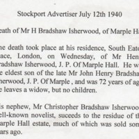 Death Notice for Mr H Bradshaw 1940